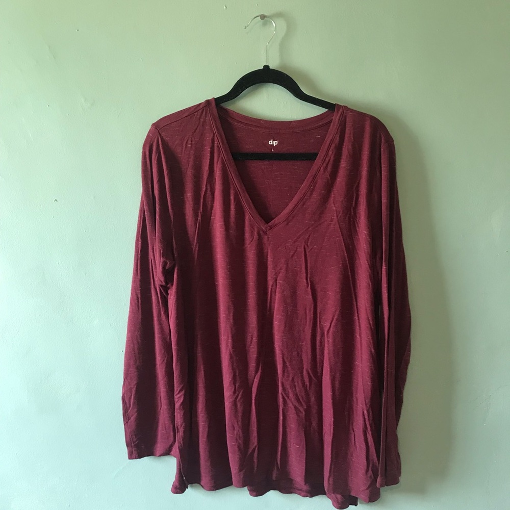 dip Long Sleeve V-Neck Top - Burgundy